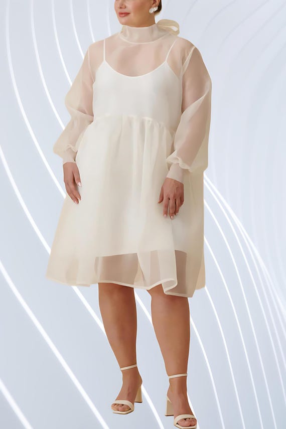 plus size sheer white dress Plus Size Sheer White Organza Dress With Taffeta Slip | Ethereal |  Minimalist Bridal or Special Occasion Dress