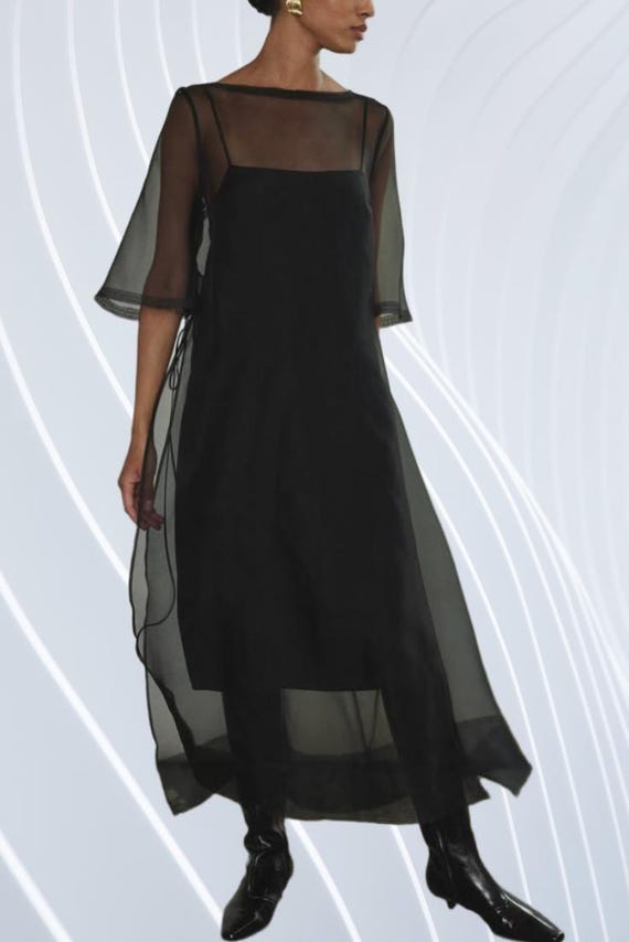 Black Organza A Line Midi Dress With Side Slit  Sheer Elegant Evening Dress   Semi Transparent Party Wear Dress, Minimalist Cocktail Dress - Etsy Israel