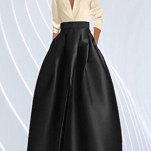 Stylish Black Taffeta Pleated Skirt with Front Slit and Pockets High-Waisted Formal Wedding Party Evening Christmas Skirt Gift for Her