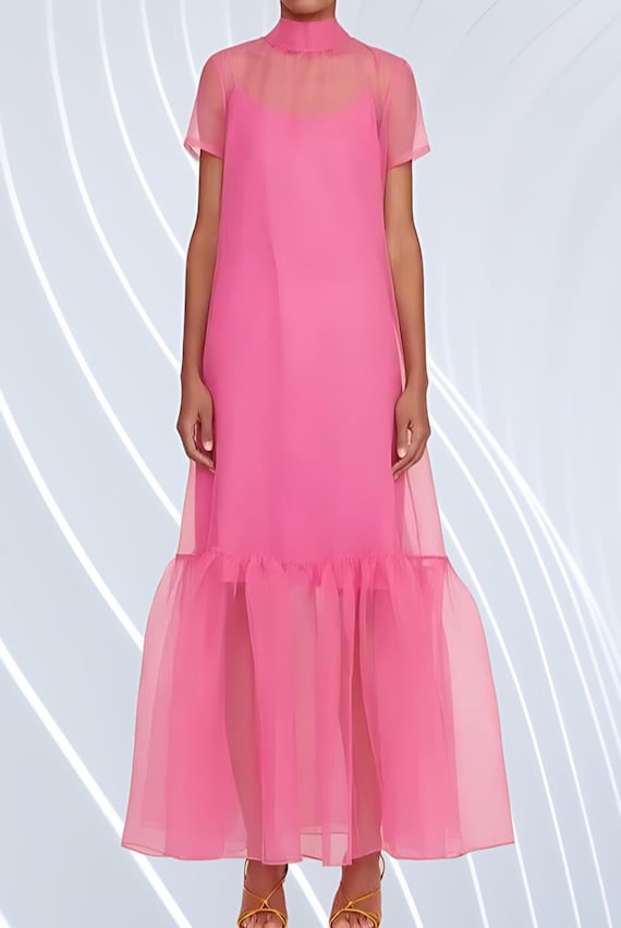 pink sheer overlay dress Treasure Sheer Hem Maxi Dress Pink