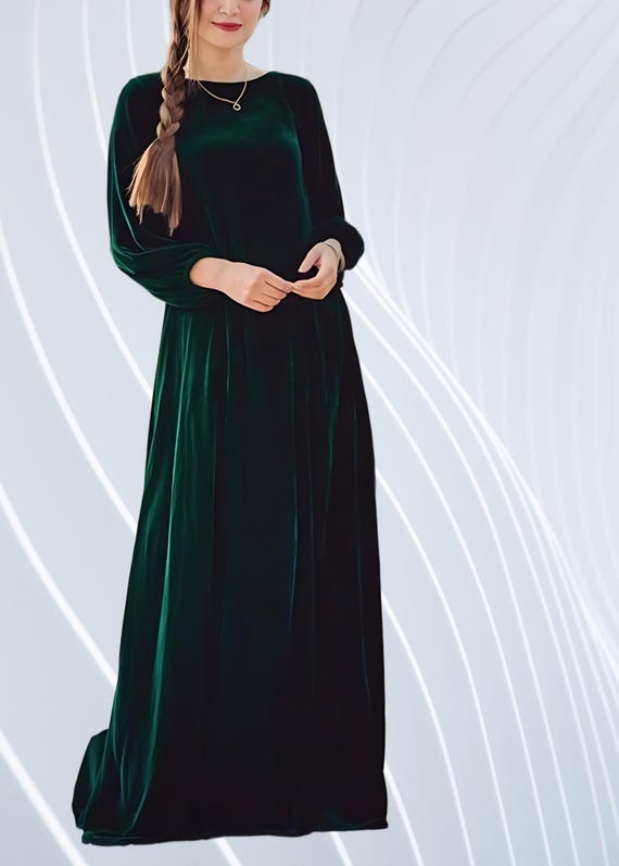 green velvet fit and flare dress Emerald Maxi Dress, Dress, Long Sleeve Bridesmaid Dress, Boho Wedding Guest Dress, Modest Evening Gown formal velvet party dresses