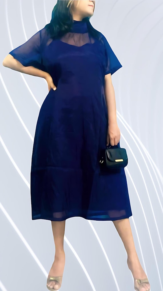 Sheer Overlay Dress, Bridesmaid Midi Gown, Navy Organza Bow Tie Dress,  Wedding Evening Cocktail Prom Party Dress