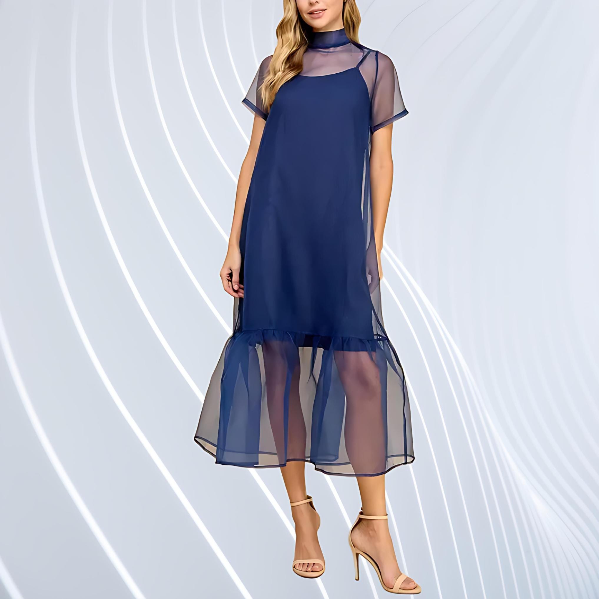 Evening Dress Navy Blue Sheer Sleeves - Etsy