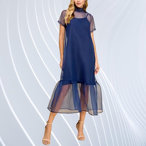 transparent midi dress Navy Blue Sheer Midi Dress With Ruffle Hem – Lightweight, Semi-transparent  Gown - Evening Bridesmaid Wedding Guest Dress