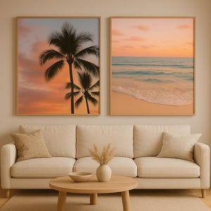 Arte mural costero imprimible en tonos pastel, juego de 2 impresiones tropicales, fotografía de palmeras, póster playero en tonos pastel, decoración de cabaña, descarga digital