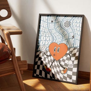 Poster retrò con cuore d'amore psichedelico, decorazione da parete con illusione ottica ondulata.
