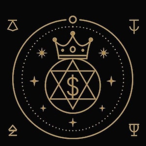 May include: A gold-coloured illustration on a black background. The design features a crown above a six-pointed star with a dollar sign in the centre. The star is inside a circle with dotted lines and small stars. Symbols are in each corner.