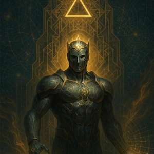Könnte beinhalten: Digitales Kunstwerk einer Figur in aufwendiger Rüstung, mit Krone und Maske, vor einem Hintergrund aus geometrischen Mustern und einem leuchtenden Dreieck. Die Farbgebung ist von Gold und Dunkeltürkis dominiert.