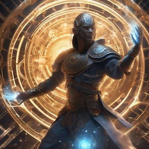 May include: A digital illustration of a figure in ornate armour, set against a glowing, golden, circular background. The figure is holding glowing blue orbs in each hand, with a focused expression. The armour is detailed with metallic accents.