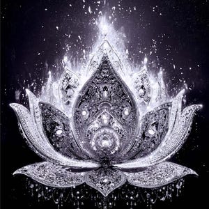 May include: A detailed, monochrome illustration of a lotus flower against a black backdrop. The flower is intricately designed with ornate patterns and sparkling accents, radiating light. The petals are open, and the overall effect is one of elegance and spirituality.