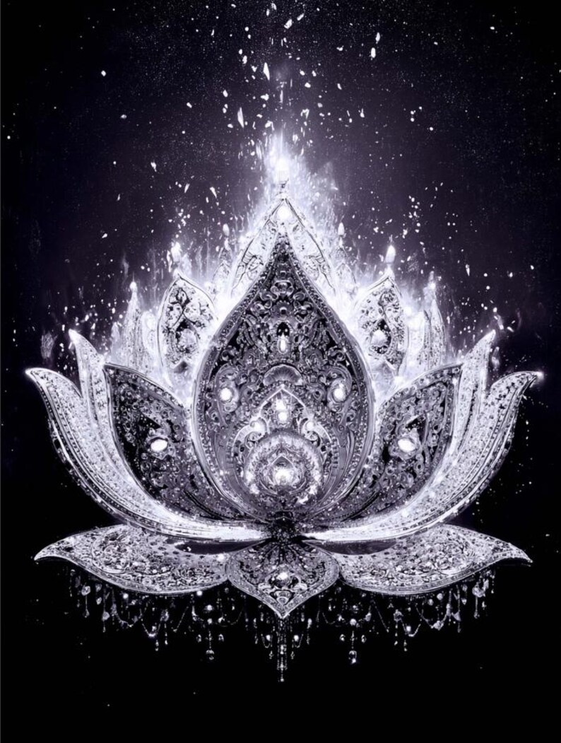 May include: A detailed, monochrome illustration of a lotus flower against a black backdrop. The flower is intricately designed with ornate patterns and sparkling accents, radiating light. The petals are open, and the overall effect is one of elegance and spirituality.