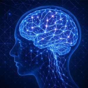 May include: A digital illustration of a human head in profile, with a glowing blue brain and neural network overlay. The brain is highlighted with bright spots, suggesting activity, against a dark blue background.