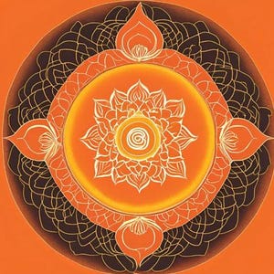 May include: An orange mandala design with a central flower-like pattern in white and gold. The design is set against a gradient orange background, with a dark brown and gold filigree border. Four stylized flame shapes are positioned around the central design.