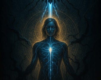 Op de afbeelding: Een digitale illustratie van een figuur met gloeiende blauwe aderen en een centrale lichtstraal die verbonden is met een donkere geometrische structuur. De achtergrond toont vage cirkelvormige patronen en donkere ranken in marineblauw.