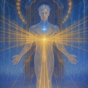May include: Digital art depicting a translucent figure with outstretched arms, radiating golden light. The figure stands before an ornate backdrop, with a glowing halo and intricate patterns. The artwork evokes themes of spirituality and enlightenment.