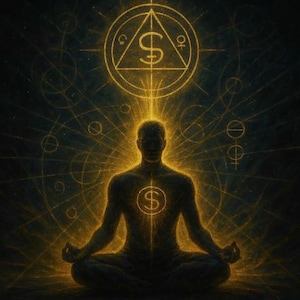 Può includere: Illustrazione digitale di una persona che medita nella posizione del loto, che irradia luce dorata. Un simbolo del dollaro è sul petto e all'interno di un triangolo sopra la testa. Motivi geometrici circondano la figura su sfondo scuro.