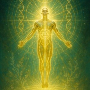 May include: Digital artwork depicting a luminous human form with outstretched arms, emanating light. The figure is encircled by geometric designs, DNA strands, and a green and gold palette, suggesting themes of spirituality and energy.