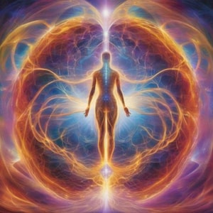 Könnte beinhalten: Künstlerische Darstellung einer menschlichen Figur mit einer Energieaura. Die Figur steht mit den Armen an den Seiten und ist von wirbelnden Mustern in Orange, Gelb, Blau und Lila umgeben. Das Kunstwerk evoziert Themen wie Spiritualität und Energie.