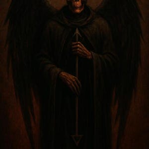 Op de afbeelding: Een donkere illustratie van Samael, de Aartsengel des Doods. De figuur is een skeletachtig wezen met grote zwarte vleugels, gekleed in een donkere mantel en met een staf. Een vlam zit bovenop de schedel. De tekst "SAMAEL ARCHANGEL OF DEATH" staat onderaan.