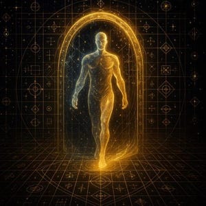 May include: Digital artwork depicting a luminous human figure stepping out of a golden arch. The figure glows with a warm, golden light, set against a dark backdrop with geometric patterns. The artwork suggests themes of spirituality and transformation.