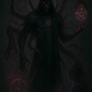 Könnte beinhalten: Dunkle digitale Kunst eines vermummten Wesens mit mehreren Armen und leuchtend roten Augen. Die Figur hält ein leuchtendes Pentagramm und ist von okkulten Symbolen umgeben. Das Kunstwerk hat ein düsteres, bedrohliches Thema.