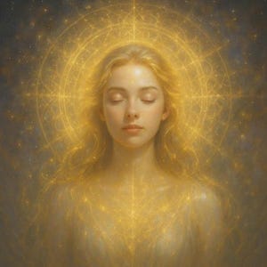 Peut inclure: Illustration numérique d'une femme aux yeux fermés, entourée d'une aura dorée. L'œuvre présente une lueur douce et éthérée, avec des motifs complexes rayonnant de la tête et de la poitrine de la femme, sur fond sombre et étoilé.