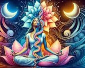 May include: A digital illustration depicts a woman meditating in a lotus position. She is surrounded by a colorful lotus flower, crescent moons, and swirling patterns in shades of blue, pink, orange, and gold. The woman has long hair and is wearing a white dress.