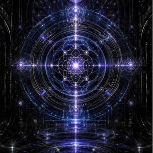 Könnte beinhalten: Ein digitales Kunstwerk mit einem zentralen, leuchtenden violetten und blauen geometrischen Mandala-Muster, das aus sich überschneidenden Kreisen und Linien besteht. Das Design strahlt Licht vor einem dunklen, komplexen Hintergrund mit symmetrischen Motiven aus.