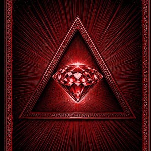 May include: A red and black illustration featuring a large, sparkling diamond within a triangle, radiating light. The design is framed by ornate, floral-like borders and sunburst elements, creating a mystical aesthetic.