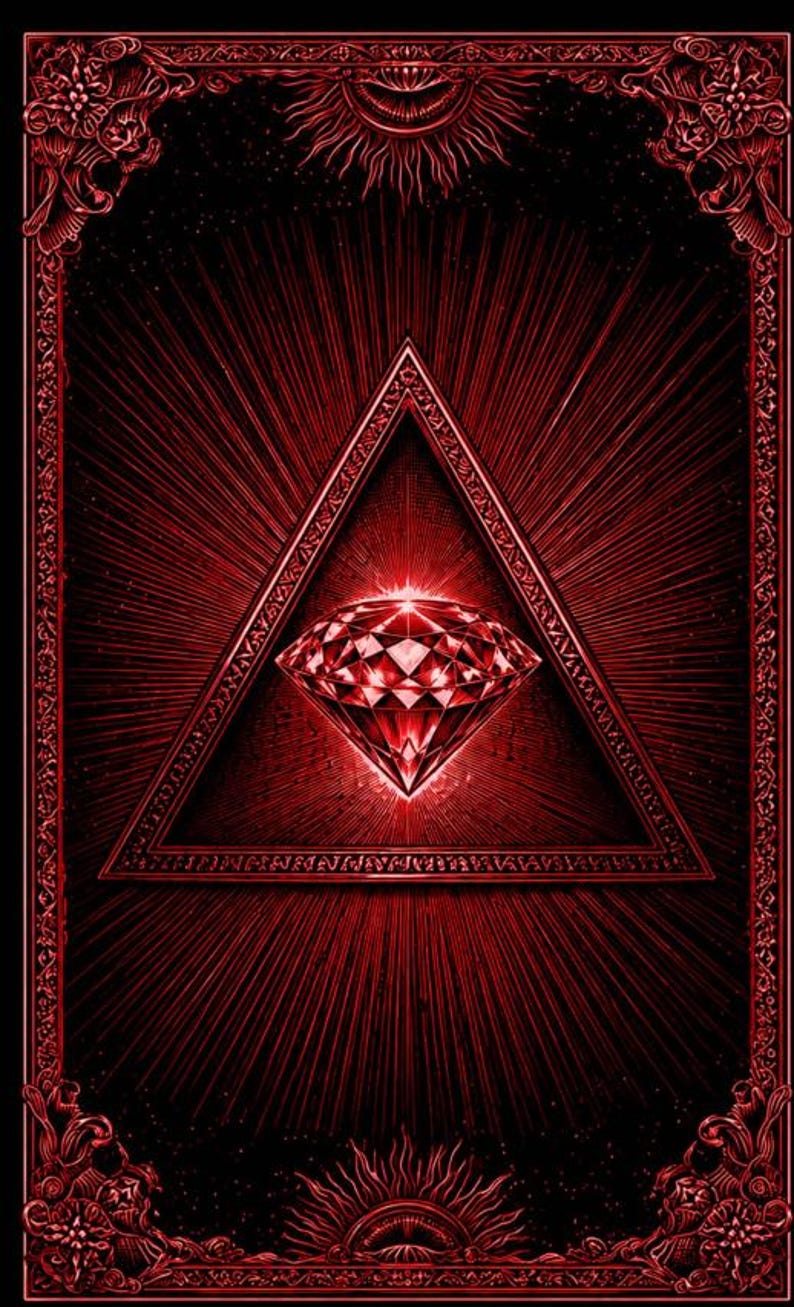 May include: A red and black illustration featuring a large, sparkling diamond within a triangle, radiating light. The design is framed by ornate, floral-like borders and sunburst elements, creating a mystical aesthetic.