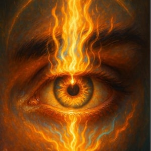 May include: Close-up of an eye with a fiery, orange and yellow flame emanating from the pupil and above the eye. The iris is a golden yellow color. The artwork has a surreal, mystical theme.