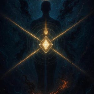 Könnte beinhalten: Digitales Kunstwerk, das eine Silhouette einer Person mit einer Flamme über dem Kopf zeigt, umgeben von goldenen Linien und einer Diamantenform. Der Hintergrund ist dunkelblau mit blitzartigen Streifen und einem Sterneneffekt, der ein mystisches Thema erzeugt.