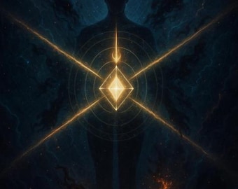 Op de afbeelding: Digitale kunst met een silhouet van een persoon met een vlam boven het hoofd, omringd door gouden lijnen en een ruitvorm. De achtergrond is donkerblauw met bliksemachtige strepen en een sterrenhemel, wat een mystiek thema creëert.