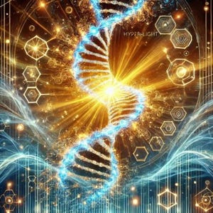 Op de afbeelding: Digitale kunst met een gloeiende DNA-helix in blauw en goud, die licht uitstraalt. Geometrische vormen en lijnen omringen de centrale spiraal, met het woord "HYPER-LIGHT" zichtbaar. Het kunstwerk heeft een futuristisch, wetenschappelijk thema.