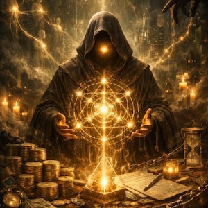 Puede incluir: Ilustración digital de una figura con túnica con rostro y manos brillantes, rodeada de luz y símbolos dorados. La escena incluye montones de monedas, dinero, un reloj de arena y una pirámide, lo que sugiere temas de riqueza y misticismo.