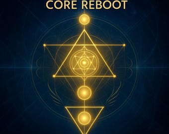 Op de afbeelding: Digitale illustratie met een gouden geometrisch ontwerp tegen een donkerblauwe achtergrond. Het ontwerp bevat driehoeken, cirkels en een stervorm, met de tekst "REGENERATIVE TRINARY CORE REBOOT" bovenaan.