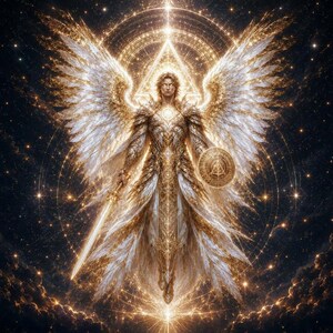 May include: Digital artwork depicting a celestial being with large, feathered wings and golden armour. The figure holds a glowing sword and a shield with a symbol. The background is a dark, starry sky with glowing orbs and celestial patterns.
