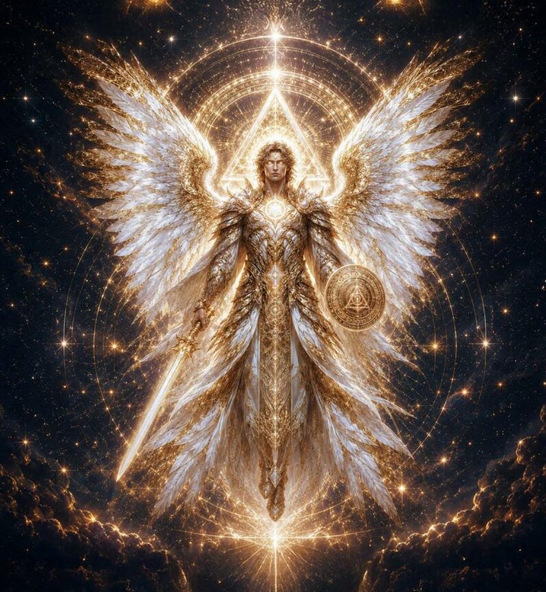 May include: Digital artwork depicting a celestial being with large, feathered wings and golden armour. The figure holds a glowing sword and a shield with a symbol. The background is a dark, starry sky with glowing orbs and celestial patterns.