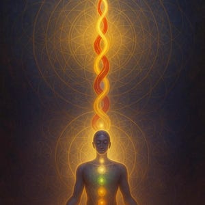 以下が含まれることがあります： ロータスの姿勢で瞑想する人物を描いたデジタルアート。体から上昇する輝くエネルギーの流れがあり、エネルギーの流れは赤と黄色で、チャクラポイントがさまざまな色で強調されています。背景には幾何学模様があります。