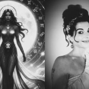 May include: Monochrome image showing a celestial illustration of a woman with long hair, a halo, and a lion emblem on her dress, set against a full moon and zodiac symbols. Beside it is a portrait of a woman with a classical hairstyle.