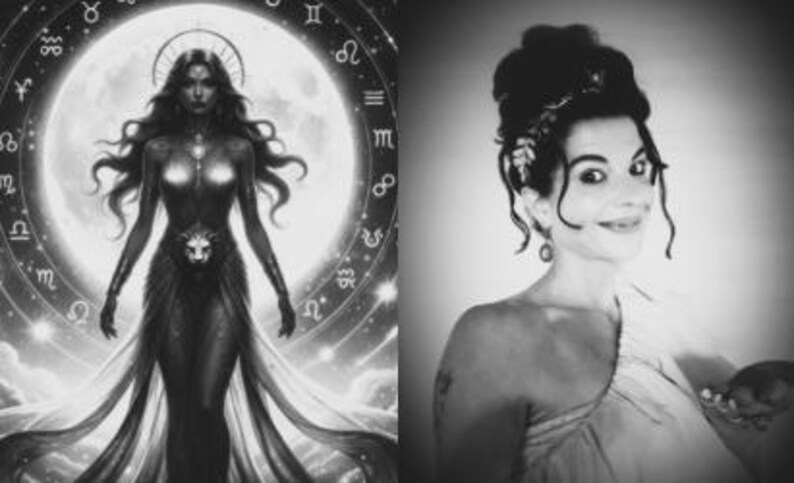 May include: Monochrome image showing a celestial illustration of a woman with long hair, a halo, and a lion emblem on her dress, set against a full moon and zodiac symbols. Beside it is a portrait of a woman with a classical hairstyle.