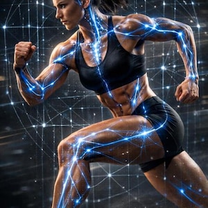Puede incluir: Imagen digitalmente mejorada de una persona corriendo, vestida con ropa deportiva negra. Líneas azules brillantes resaltan el cuerpo, sugiriendo vías neuronales y actividad cerebral. El fondo presenta una red de líneas interconectadas.