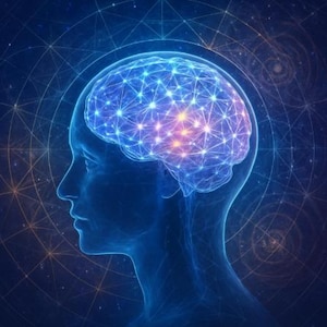 Può includere: Illustrazione digitale di una testa umana di profilo, resa in tonalità blu. Il cervello è evidenziato da una rete di linee e punti luminosi, che suggeriscono attività neurale. Lo sfondo presenta un complesso motivo geometrico.