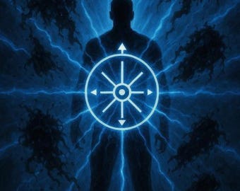 Op de afbeelding: Digitale kunstillustratie van een silhouet met een gloeiend blauw symbool op de borst. Het figuur is omgeven door blauwe bliksem en donkere vormen, met een verticale lichtstraal.