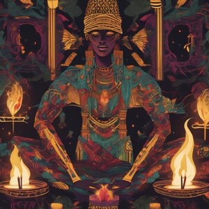 Op de afbeelding: Een digitale illustratie van een figuur in een meditatieve houding met een getextureerde gouden hoofdtooi en versierde sieraden. De figuur is omringd door gloeiende vlammen in ronde houders tegen een donkere, gedetailleerde achtergrond.