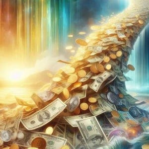 Puede incluir: Una representación artística de la riqueza. Un remolino de dinero, incluyendo billetes y monedas de oro, emerge del océano. La escena está bañada en luz dorada, con un cielo y agua coloridos.