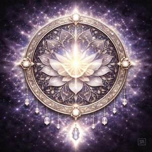 May include: A digital illustration of a celestial mandala. The design features a central lotus flower radiating light, surrounded by an ornate, gold-coloured circular frame. Sparkling stars fill the background, with crystal-like pendants hanging below.
