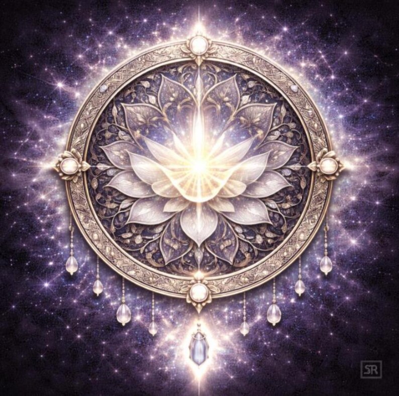 May include: A digital illustration of a celestial mandala. The design features a central lotus flower radiating light, surrounded by an ornate, gold-coloured circular frame. Sparkling stars fill the background, with crystal-like pendants hanging below.