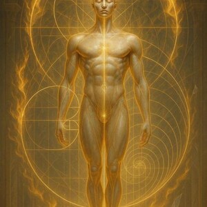 Puede incluir: Ilustración dorada de una figura humana desnuda, de pie con los brazos a los lados. La figura está rodeada de formas y líneas geométricas doradas y brillantes, con llamas en la base. La obra tiene un tema espiritual o filosófico.