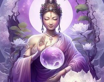May include: Digital art of a serene figure in a purple robe, adorned with a jeweled crown and earrings. The figure holds a glowing purple orb, with a white lotus flower in the foreground. A large white moon is in the background.